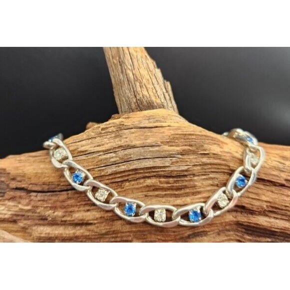 Dainty 8" Stainless Steel Figaro Tennis Bracelet Blue and Clear Rhinestones - Picture 1 of 2